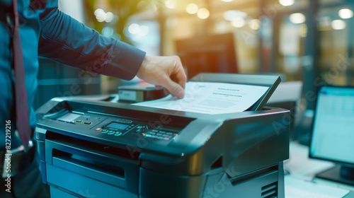 A businessman in a corporate office environment uses a multifunction laser printer to print important documents. The image highlights the use of ink or toner supplies in a professional setting. photo