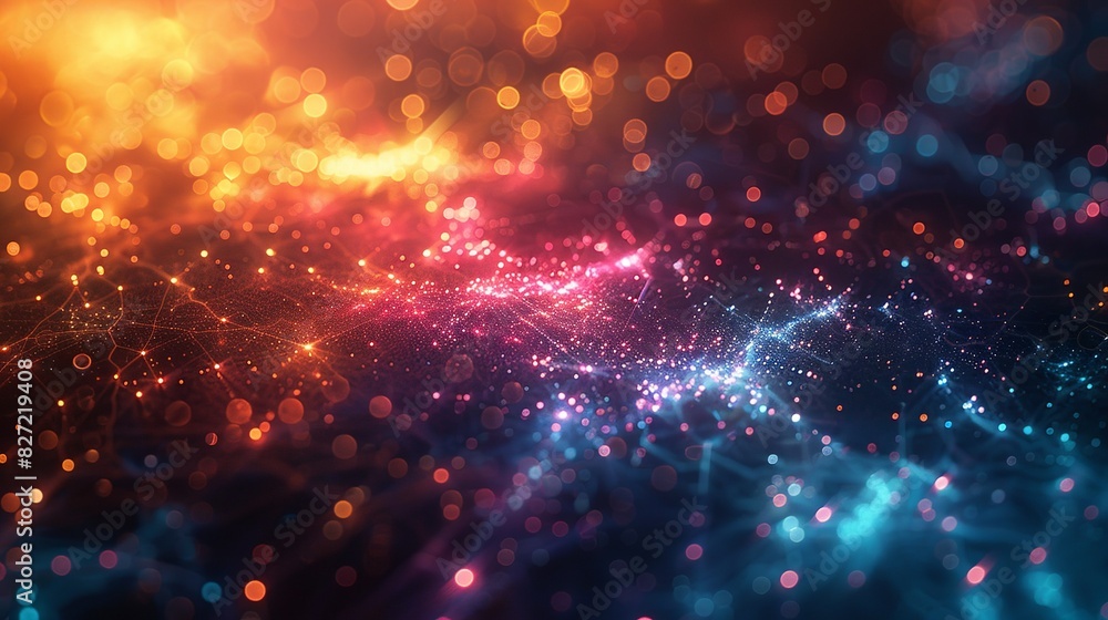 Fototapeta premium A detailed representation of a global database, featuring interconnected data points and pathways glowing in multiple colors, with a bright, dynamic background and bokeh effect to highlight