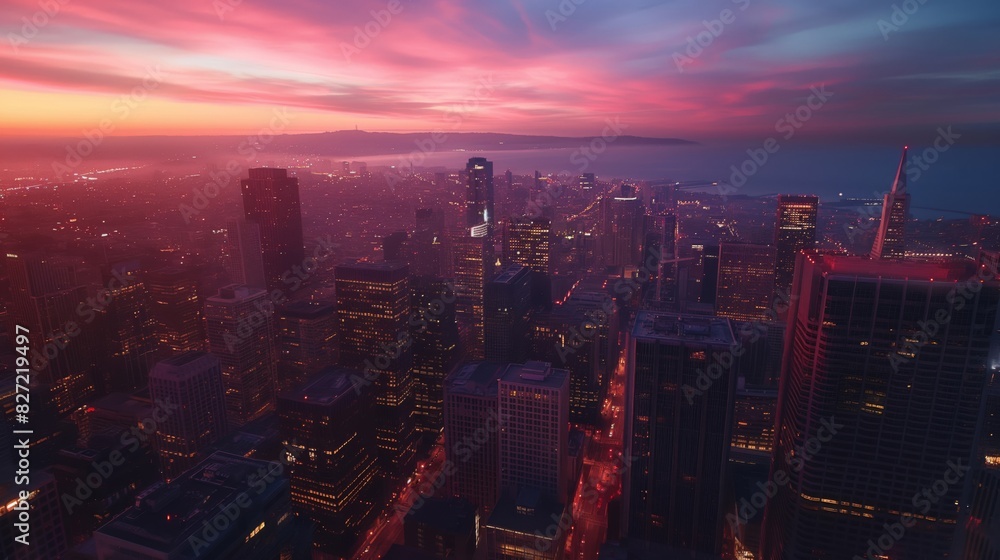 Vibrant sunset casting warm hues over a bustling city skyline with skyscrapers Vibrant sunset casting warm hues over a bustling city skyline with skyscrapers