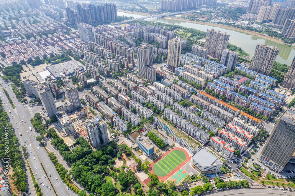 Naklejka premium Aerial photography of Sifangping residential street in Kaifu District, Changsha City, China
