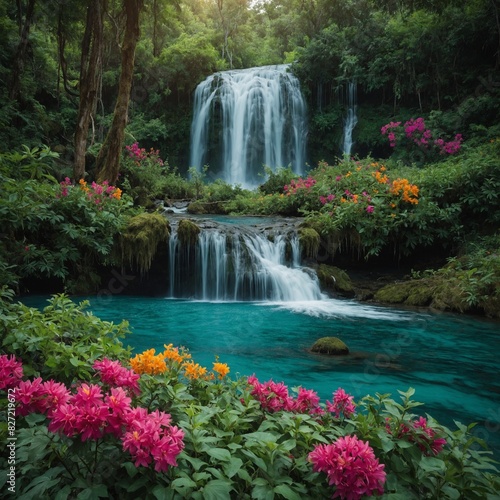 A turquoise river winding through a canyon filled with flowers. 