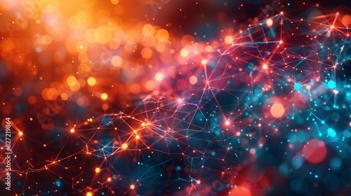 A high-tech visualization of artificial intelligence, featuring a neural network with colorful, glowing connections, set against a vibrant background with a bokeh effect to convey technological