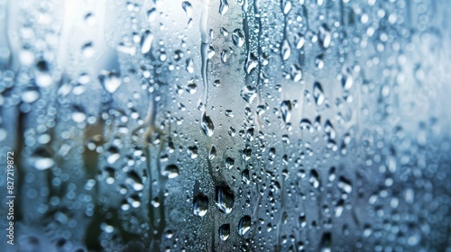 a close-up of raindrops on a window pane.  Some raindrops are round and bulging photo
