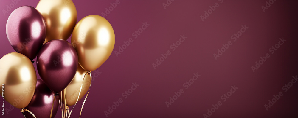 Elegant maroon and gold balloons against a burgundy background, perfect for celebrations, parties, and festive events. Horizontal layout. Elegant maroon and gold balloons against a burgundy background, perfect for celebrations, parties, and festive events. Horizontal layout.