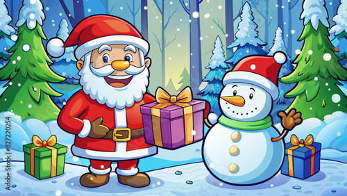 Happy Santa and snowman with Christmas gifts in snowy forest. Festive holiday scene with Santa and a joyful snowman.Santa and snowman celebrating Christmas with colorful presents.