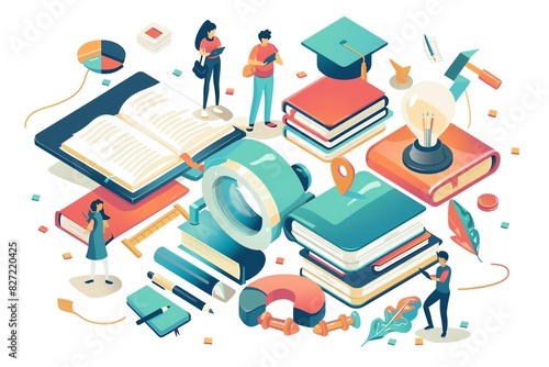 isometric illustration of people reading and studying with books, representing the concept of lifelong learning and the pursuit of knowledge.