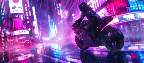 A girl in cyberpunk riding on the back of a motorbike in a cyberpunk city street with neon lights.