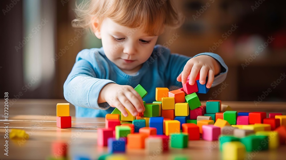 Child playing with small colored cubes. selective focus. Generative AI, Child playing with small colored cubes. selective focus. Generative AI,