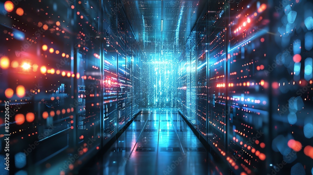 Obraz premium A futuristic data center with glowing lights and a blue-lit floor.