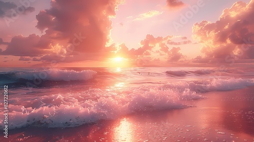 A tranquil beach at sunset  the sky and sea awash in soft pinks and oranges