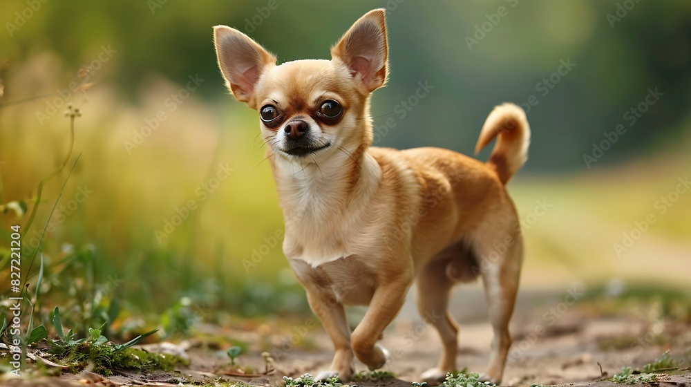 A cute chihuahua puppy sits on green grass A cute chihuahua puppy sits on green grass
