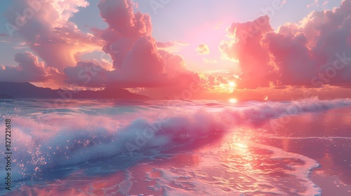 A tranquil beach at sunset, the sky and sea awash in soft pinks and oranges