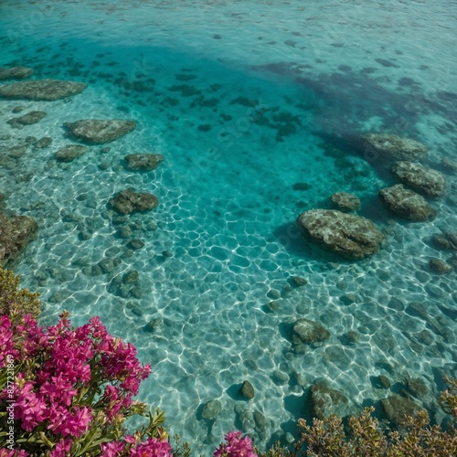 A tropical beach with turquoise water and flowering plants. 
