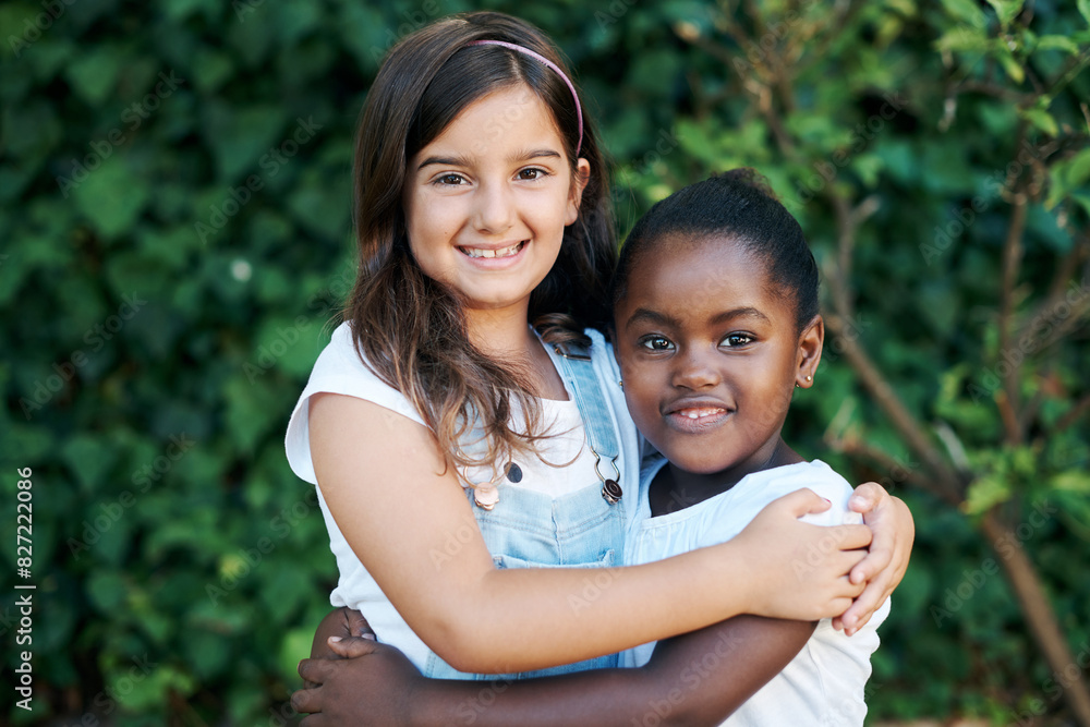 Children, diversity and hug with girl friends outdoor in garden together for summer bonding. Love, portrait and smile with young kids embracing in nature or park for development, growth or support Children, diversity and hug with girl friends outdoor in garden together for summer bonding. Love, portrait and smile with young kids embracing in nature or park for development, growth or support