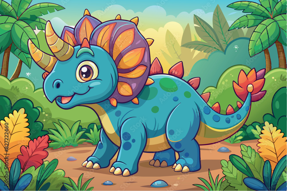 dinosaurs in a prehistoric jungle. The environment includes lush greenery, palm trees, ferns, and a clear blue sky. dinosaurs in a prehistoric jungle. The environment includes lush greenery, palm trees, ferns, and a clear blue sky.