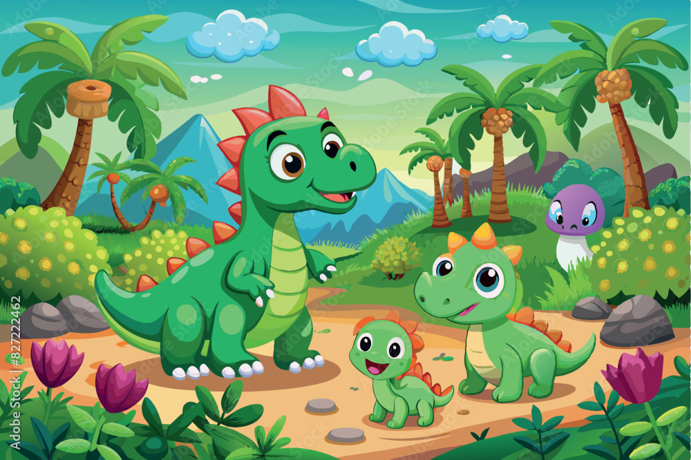 dinosaurs in a prehistoric jungle. The environment includes lush greenery, palm trees, ferns, and a clear blue sky. dinosaurs in a prehistoric jungle. The environment includes lush greenery, palm trees, ferns, and a clear blue sky.