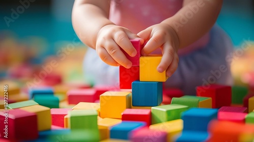 Child playing with small colored cubes. selective focus. Generative AI 