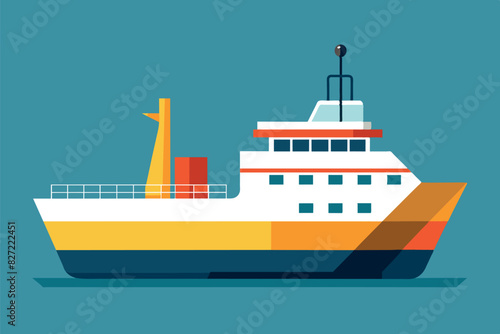  The ship has a large hull with multiple decks, a prominent smoke-free chimney, and a bridge on the upper deck. The color scheme includes shades of yellow, orange, white, and blue.