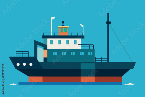  The ship has a large hull with multiple decks, a prominent smoke-free chimney, and a bridge on the upper deck. The color scheme includes shades of yellow, orange, white, and blue.