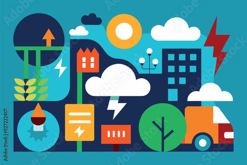 A house connected to various energy sources and utilities, and various energy and environmental elements are presented around it