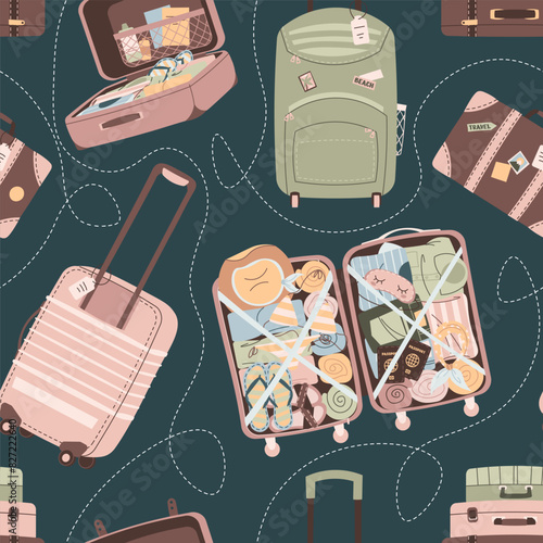 Seamless pattern with suitcases and bags. Endless background with luggage. Travel around the world, adventure. Great for wallpaper, scrapbooking, fabric