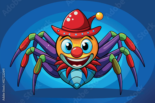 A brightly colored spider with clown features. He smiles, has a red nose, and wears a hat with a flower on top. Each of the spider's eight legs is multicolored