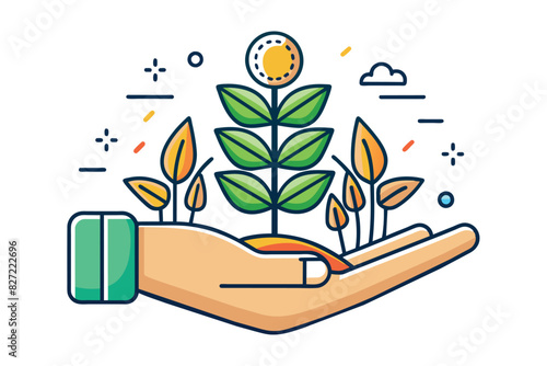 An open hand supports a growing plant with four leaves. Above it, a circular outline can be seen, symbolizing a cycle or ecosystem. The theme of the image is growth, sustainability and care for the en