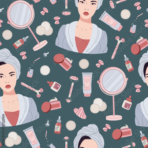 Seamless pattern with Asian girl and cosmetics, creams. Beauty products for moisturizing and caring for facial skin. Morning hygiene procedures. Gua sha massage. Vector flat illustration