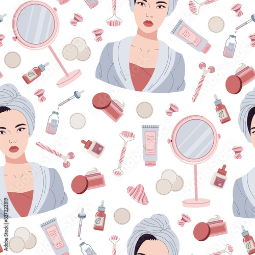 Seamless pattern with Asian girl and cosmetics, creams. Beauty products for moisturizing and caring for facial skin. Morning hygiene procedures. Gua sha massage. Vector flat illustration