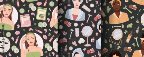 Set of seamless pattern with beautiful girl face mask, creams. Beauty products for moisturizing and caring for facial skin. Morning hygiene procedures. Vector flat illustration.