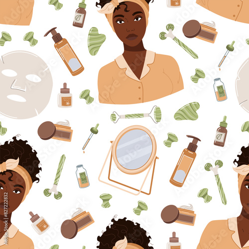Seamless pattern with a black girl and cosmetics, moisturizing mask. Beauty products for moisturizing and caring for facial skin. Morning hygiene procedures. Gua sha massage. Vector flat