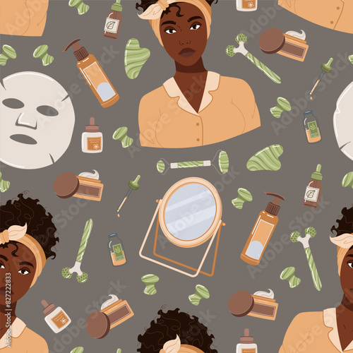 Seamless pattern with a black girl and cosmetics, moisturizing mask. Beauty products for moisturizing and caring for facial skin. Morning hygiene procedures. Gua sha massage. Vector flat
