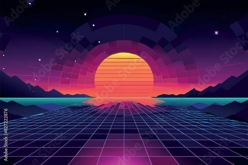 The image is inspired by the retrofuturism of the 1980s. The center depicts a large sun painted in yellow, orange and red hues. In the foreground is a grid that expands into an infinite perspective, 