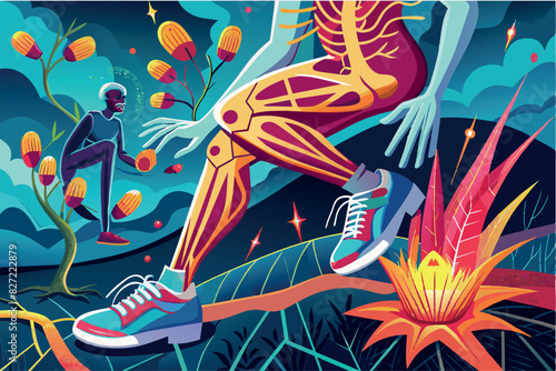 Art combining elements of human anatomy with cosmic themes. Depicts a stylized human figure with visible bone and muscular system, sitting in a relaxed pose against a cosmic background 