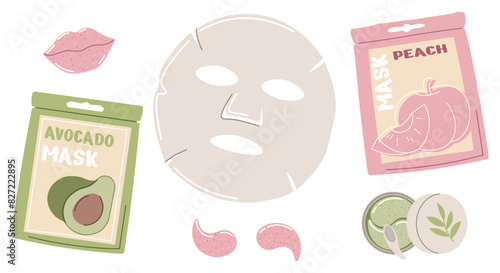 Set of beauty masks made of fabric and gel. Cosmetic moisturizing face masks, patches. Skin care. Flat vector illustration on isolated background