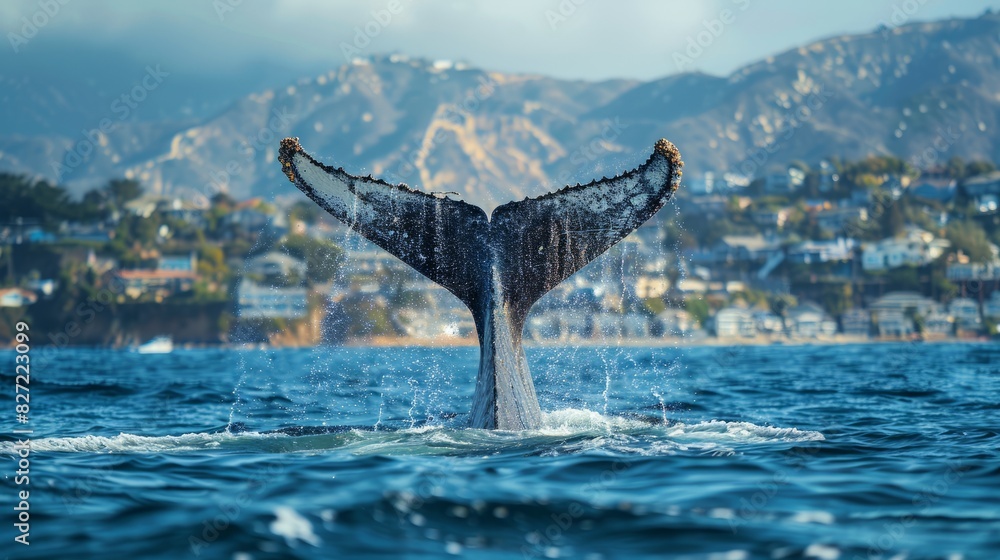 Fototapeta premium Majestic Whale Tail Splashing Water in Front of Coastal Town