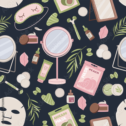 Seamless pattern with cosmetic products for facial skin care in the morning. Beauty products for moisturizing and skin care. Morning hygiene procedures. Gua sha massage. Vector flat illustration