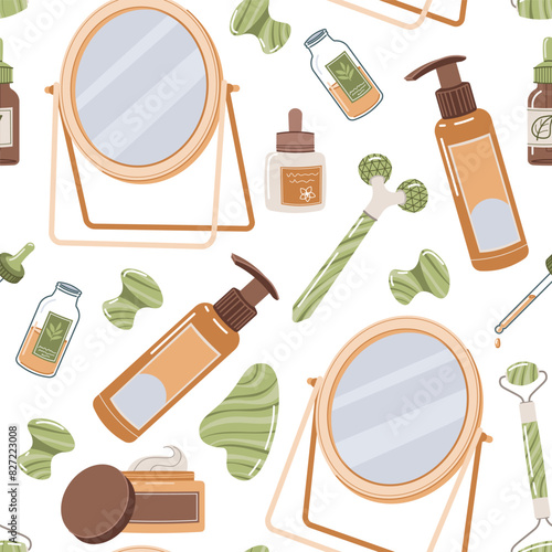 Seamless pattern with cosmetics for facial skin care. gua sha massager, mirror, oil. Great for scrapbooking, pattern, fabric, wallpaper
