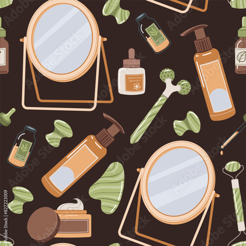 Seamless pattern with cosmetics for facial skin care. gua sha massager, mirror, oil. Great for scrapbooking, pattern, fabric, wallpaper