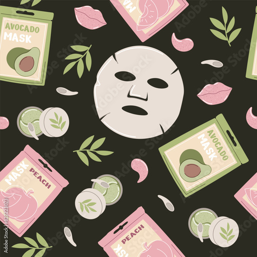 Seamless pattern with a moisturizing mask for facial skin care in the morning. Hydrogel masks, patches for facial skin. Morning hygiene procedures. Vector flat illustration