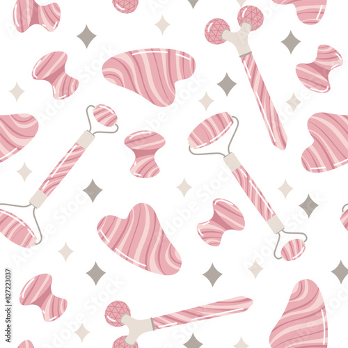 Seamless pattern with gua sha massagers. Facial skin care. Simple texture in flat style. Great for decor and design