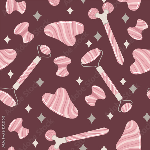 Seamless pattern with gua sha massagers. Facial skin care. Simple texture in flat style. Great for decor and design