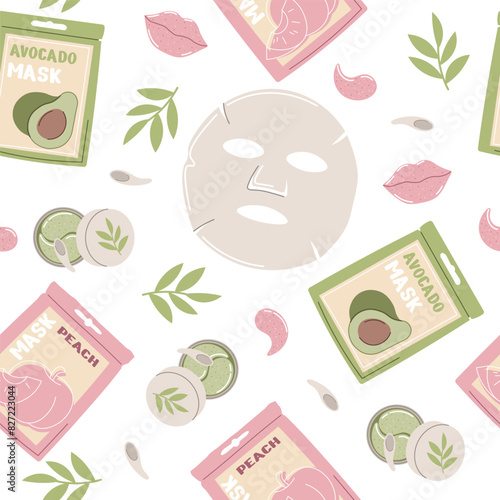 Seamless pattern with a moisturizing mask for facial skin care in the morning. Hydrogel masks, patches for facial skin. Morning hygiene procedures. Vector flat illustration