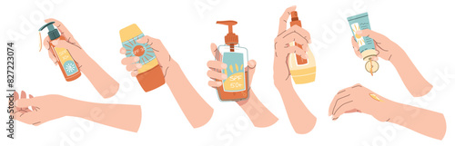 Set of hands holding sunscreen on isolated background. Cream, lotion, oil to protect skin from elephant. Beauty products for face and body skin care with SPF protection.