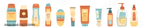 Set of sunscreen on isolated background. Cream, lotion, oil to protect skin from elephant. Beauty products for face and body skin care with SPF protection.