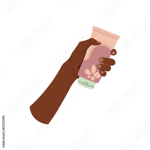 Dark skin hand holding a bottle of cream. Skin care. Sun protection, moisturizing care for the skin of hands, face and body. Vector flat illustration on isolated background