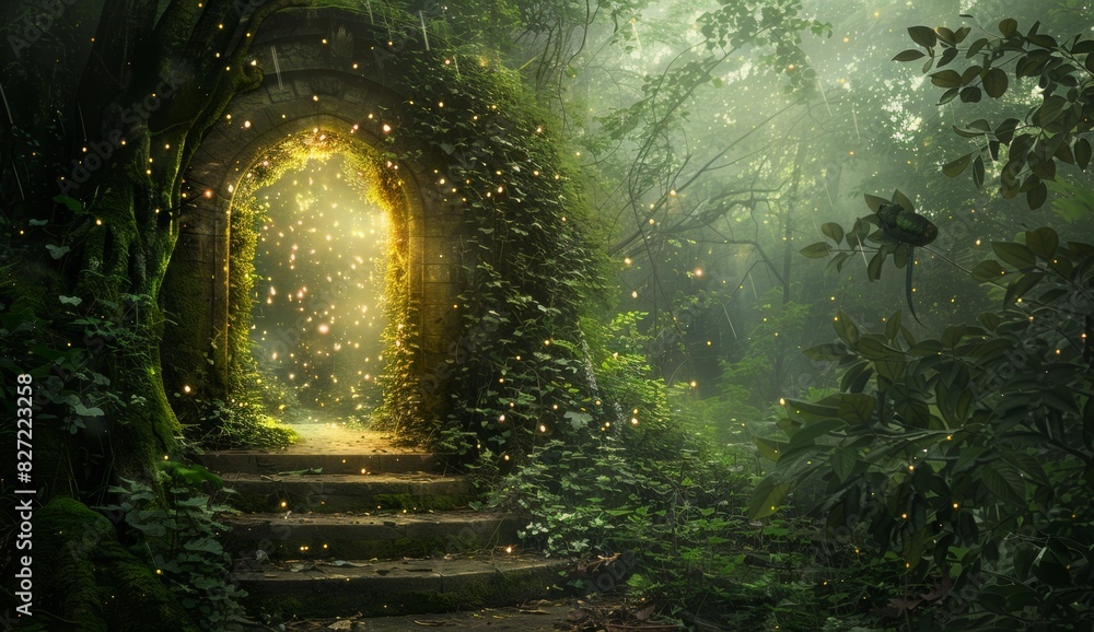 A magical forest gate with glowing light emanating from it A magical forest gate with glowing light emanating from it