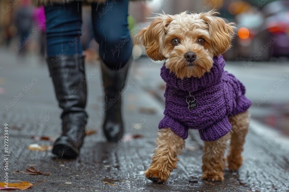 Small dog in purple sweater walking down street Small dog in purple sweater walking down street