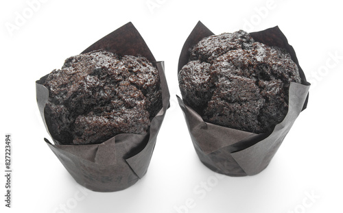 Chocolate muffins close up isolated on white background