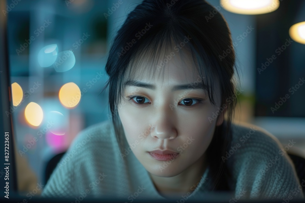 Asian young woman looking at her financial data on computer screen, credit debt concept. Asian young woman looking at her financial data on computer screen, credit debt concept.